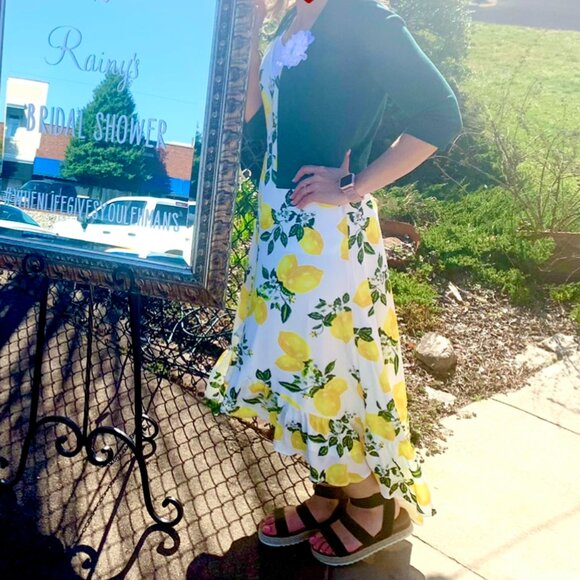 Lulus Air Yellow Lemon & Floral Print High-Low Midi Dress – Size [L] - Picture 11 of 12